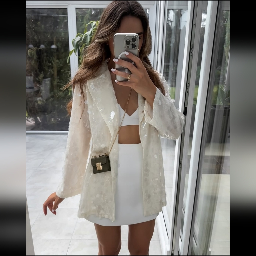 ZARA SEQUIN OPEN FRONT BLAZER Size S Cream - Picture 15 of 16